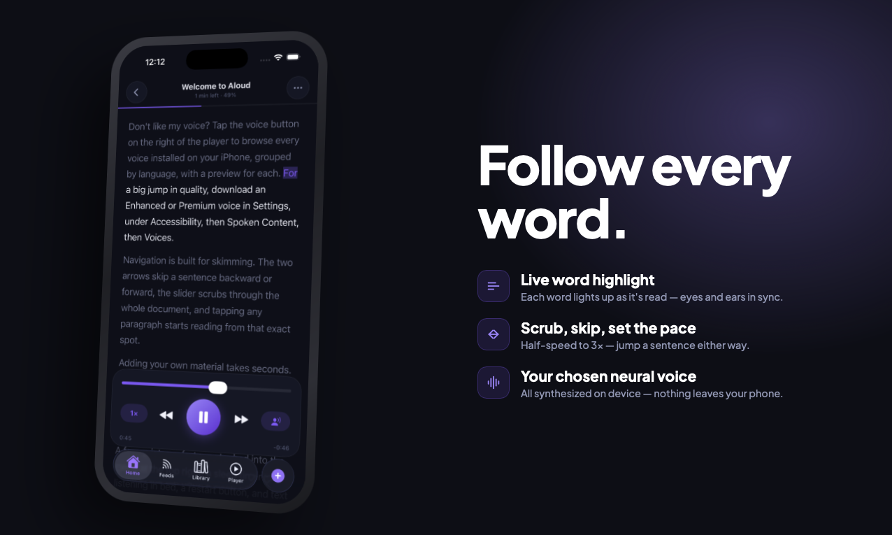 Aloud app showing live word highlight, with marketing copy reading "Follow every word."
